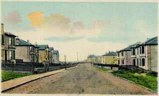 Stewarton Drive - Circa 1900 - House of left No.34, and right No.43.Gap in the houses in the background is now site of the Kirkhill Bowling Club, opened in 1906. - Record Series. W.N.Co.G. - Printed in Saxony